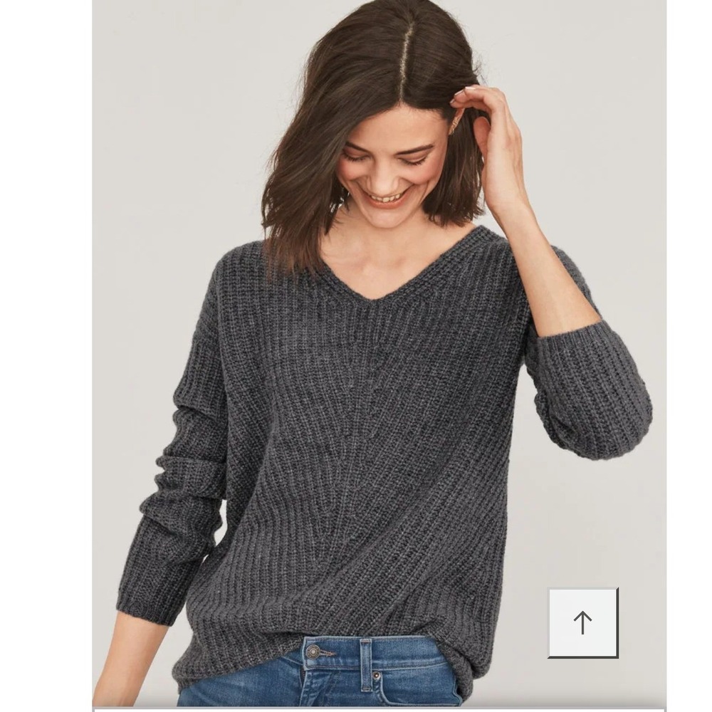 Garnet Hill 100% Cashmere Chunky-Rib Pullover V-Neck Tunic Sweater Gray S